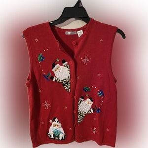 Rebecca Malone Red Santa Holiday Christmas Festive Embroidered Cardigan vest